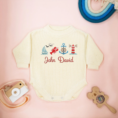 Cream Beige Personalized Anchor Sailboat & Lighthouse Baby Blanket Boy