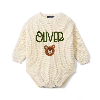 Custom Hand Embroidered Bear Baby Romper