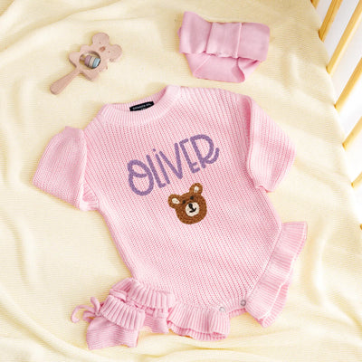 Custom Hand Embroidered Bear Baby Romper
