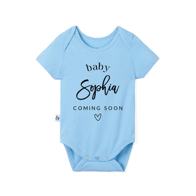 Custom Baby Name Coming Soon Bamboo Baby Bodysuit Blue Bell