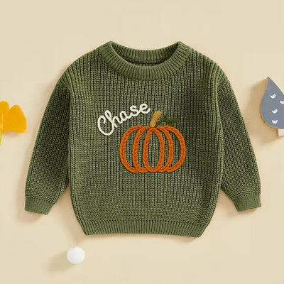 Custom Baby Name Pumpkin Hand Embroidery Knit Sweater