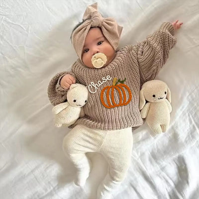 Custom Baby Name Pumpkin Hand Embroidery Knit Sweater
