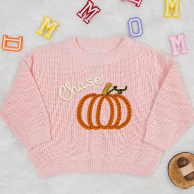 Custom Baby Name Pumpkin Hand Embroidery Knit Sweater