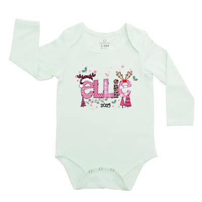 Light green baby onesie with pink text and reindeer graphics on a white background