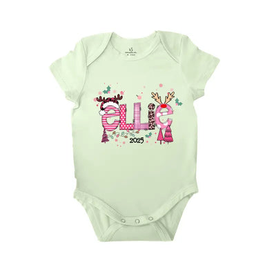 Light green baby onesie with pink text and designs on a white background