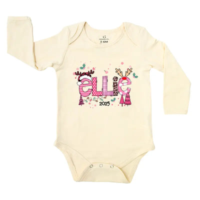 Baby onesie with decorative text and designs on a white background