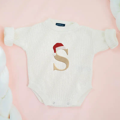 Custom Christmas Santa Initial Embroidery Baby Romper