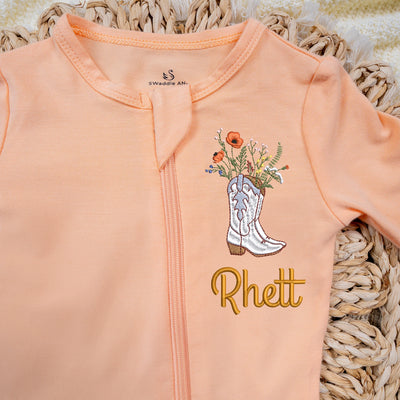 Custom Cowgirl Embroidered Baby Pajamas Peach Fuzz Orange