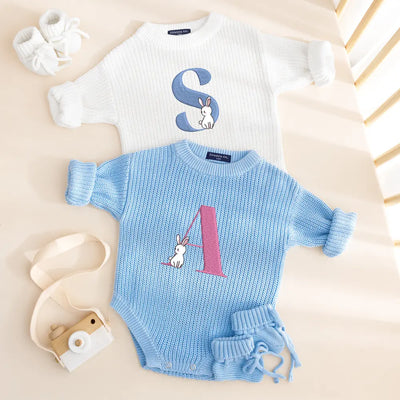 Custom Cute Rabbit Initial Embroidery Romper