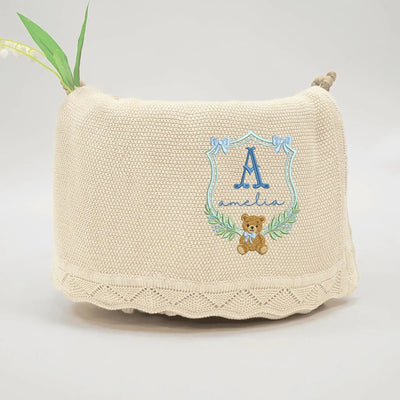 Custom Embroidered Bear Wreath Initial Baby Blanket SwaddleAn