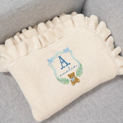 Custom Embroidered Bear Wreath Initial Baby Blanket SwaddleAn