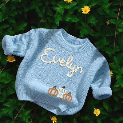 Custom Fall Pumpkin Hand Embroidery Baby Name Sweater