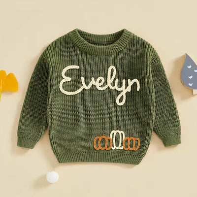Custom Fall Pumpkin Hand Embroidery Baby Name Sweater