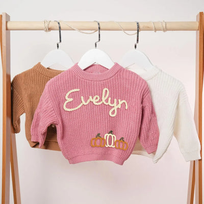 Custom Fall Pumpkin Hand Embroidery Baby Name Sweater