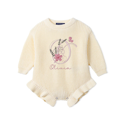 Custom Floral Initial Embroidered Knit Baby Romper