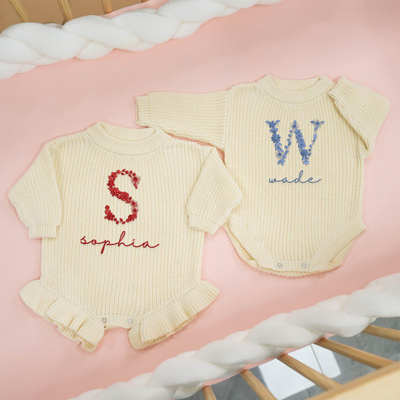 Custom Floral Initial Name Baby Romper in Cream