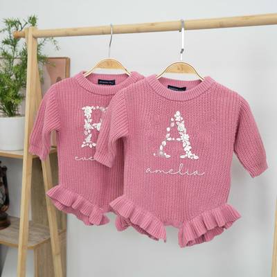 Custom Floral Initial Name Knit Ruffle Baby Romper in Pink