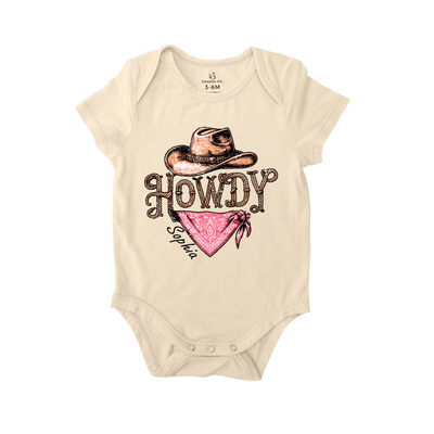 Custom 'Howdy' Bamboo Onesie, Cowgirl Baby Bodysuit