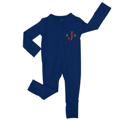 Blue baby onesie with a red letter 'J' and green trees on a white background