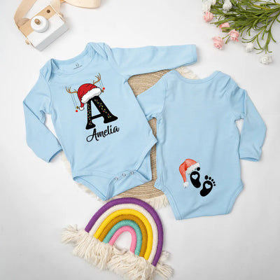 Custom Initial Name Christmas Feet Baby Onesie
