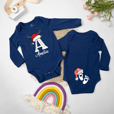 Custom Initial Name Christmas Feet Baby Onesie