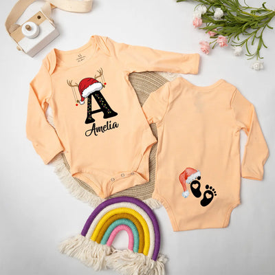 Custom Initial Name Christmas Feet Baby Onesie
