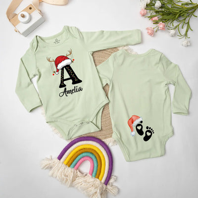 Custom Initial Name Christmas Feet Baby Onesie
