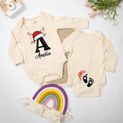 Custom Initial Name Christmas Feet Baby Onesie