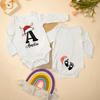 Custom Initial Name Christmas Feet Baby Onesie