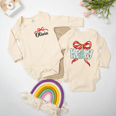 Custom Merry Christmas Bow Baby Onesie