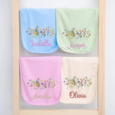 Custom Name Embroidered Floral Baby Burp Cloths