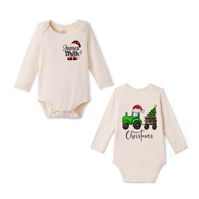 Custom Name Green Tractor Merry Christmas Bamboo Baby Bodysuit