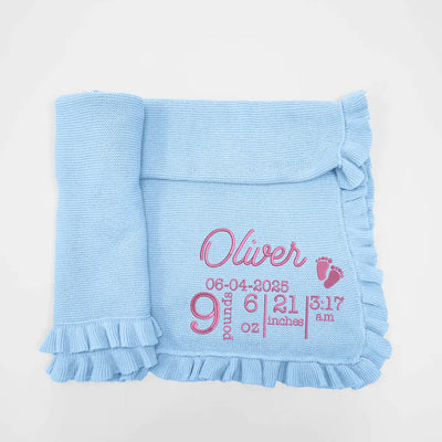 Custom Name and Date of Birth Baby Blankets in Baby Blue