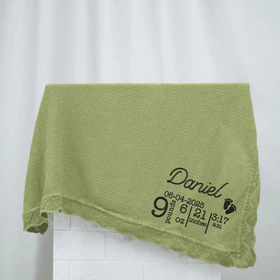 Custom Name and Date of Birth Baby Blankets in Sage Green