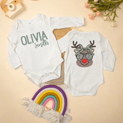 Custom Reindeer Merry Christmas Baby Onesie