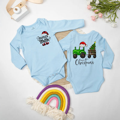 Custom Tractor Christmas Fetival Baby Onesie