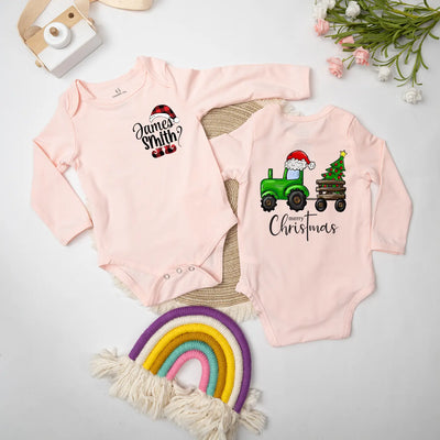 Custom Tractor Christmas Fetival Baby Onesie
