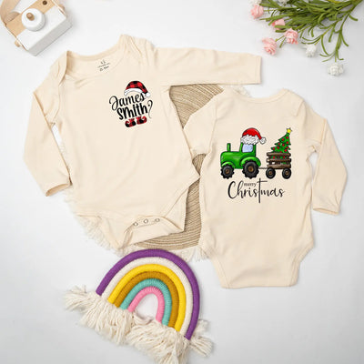 Custom Tractor Christmas Fetival Baby Onesie