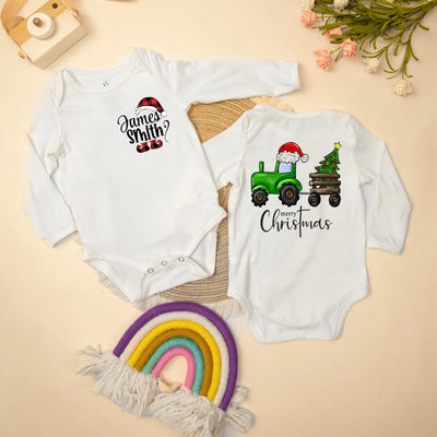 Custom Tractor Christmas Fetival Baby Onesie