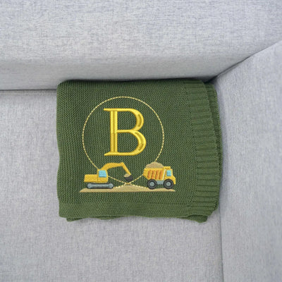 Custom Excavator and Dump Truck Initial Baby Blanket SwaddleAn