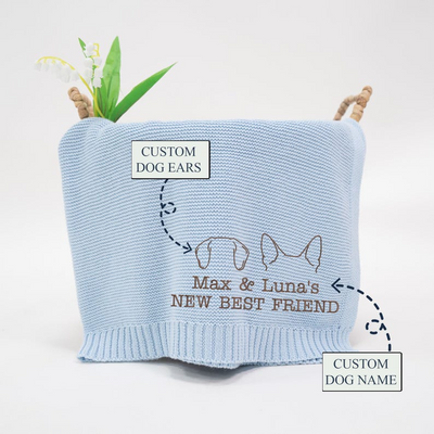 Personalized Knit Baby Blanket - Embroidered Dog Ears