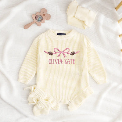 Embroidered Name Bow Football Baby Romper