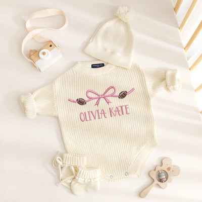 Embroidered Name Bow Football Baby Romper