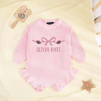 Embroidered Name Bow Football Baby Romper