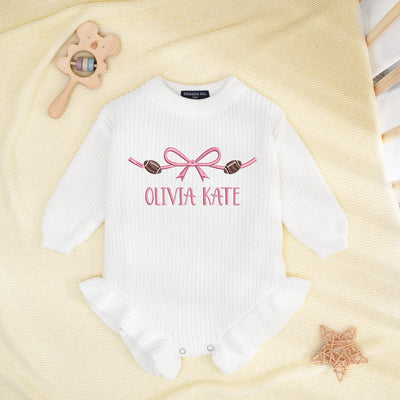 Embroidered Name Bow Football Baby Romper