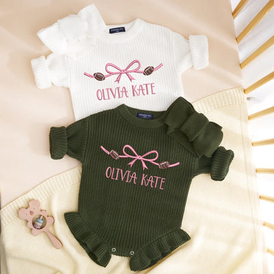 Embroidered Name Bow Football Baby Romper