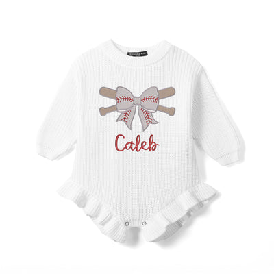 Embroidered Baseball Coquette Bow Baby Name Rompers