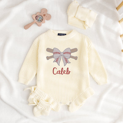 Embroidered Baseball Coquette Bow Baby Name Rompers Cream