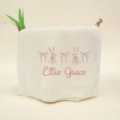 Embroidered Bow Bunny Name Baby Blanket