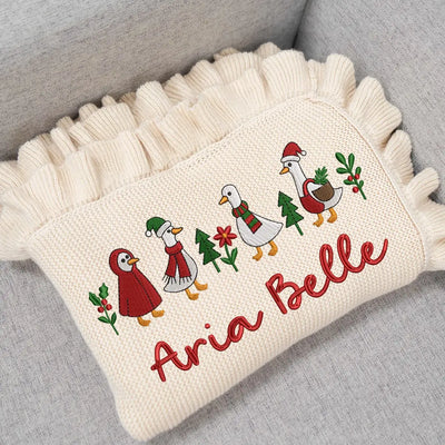 Embroidered Christmas Goose Baby Blanket in Cream